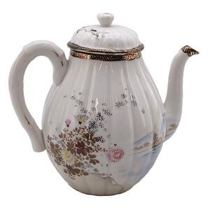 Vintage Japanese Lake Floral Birds Porcelain Lidded Teapot Tea Hand Painted